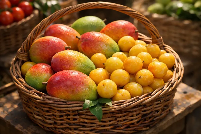 A woven basket of mangoes and small yellow fruits at a market stall.