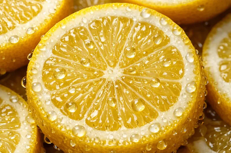A close-up of a halved lemon with water droplets on the cut surface.
