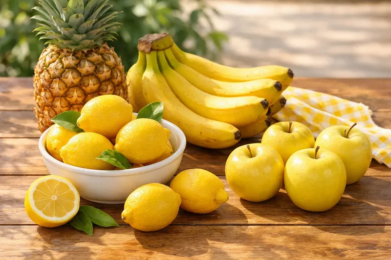 A pineapple, a bunch of bananas, lemons and yellow apples on a wooden table.